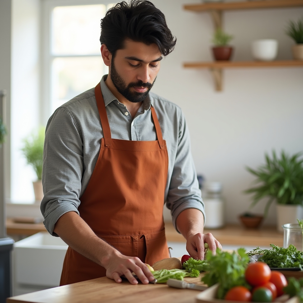 Person trägt eine terrakottafarbene Leinenschürze beim Kochen