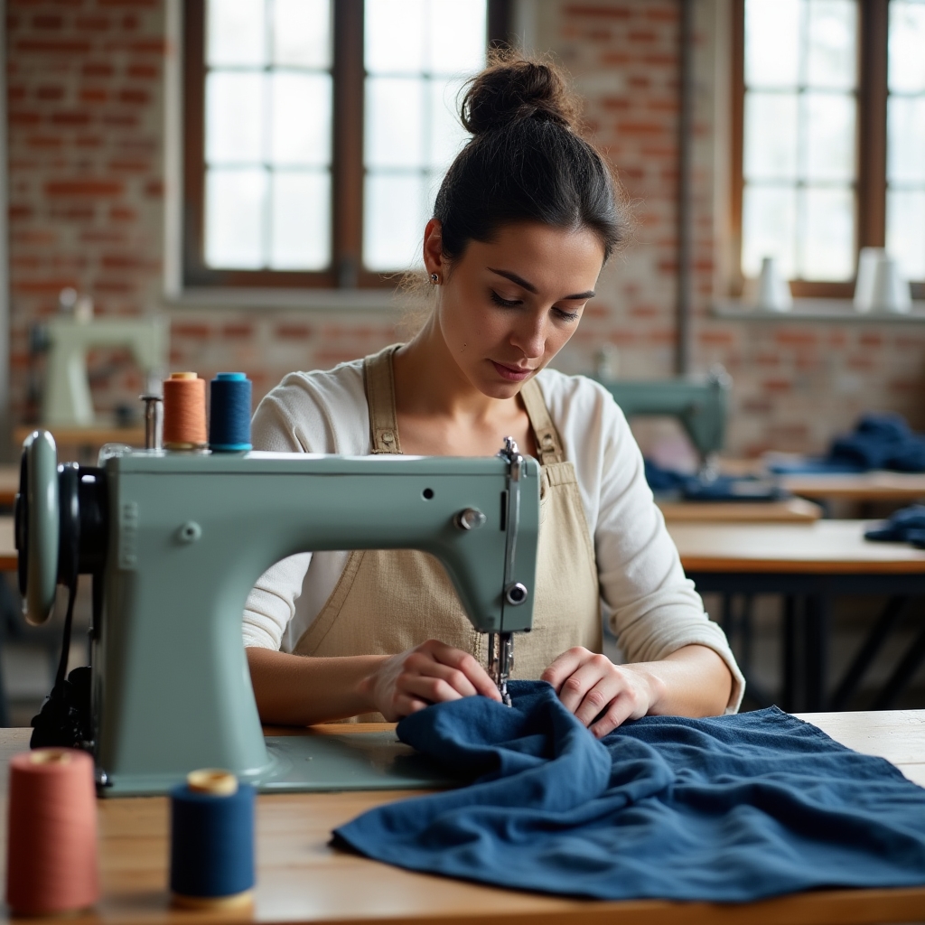 Näherin an der Nähmaschine in der Werkstatt in Freiburg
